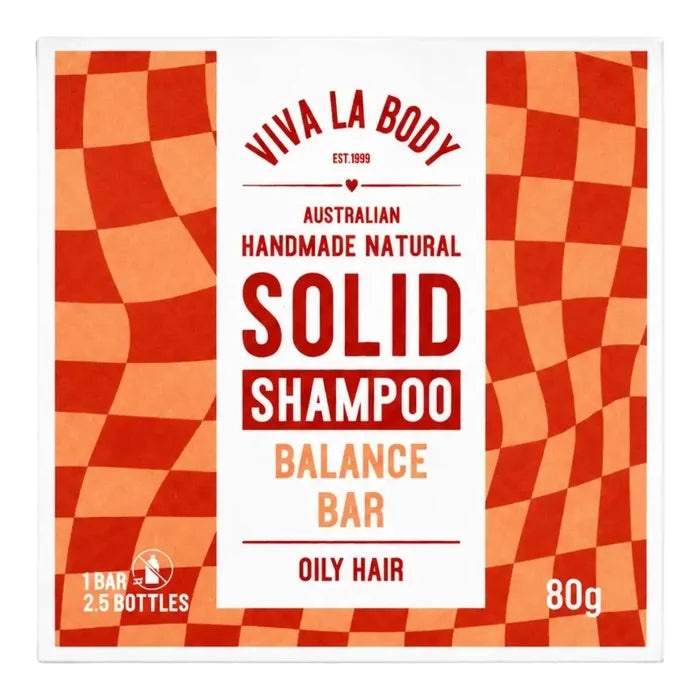 Viva La Body Solid Shampoo Balance Bar packaging, featuring a white central label with red and orange text, flanked by red and orange wavy checkered patterns.