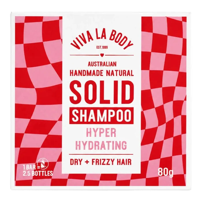 Viva La Body Australian Handmade Natural Solid Shampoo packaging, featuring a white central label with red and pink text, flanked by red and pink checkered patterned borders.