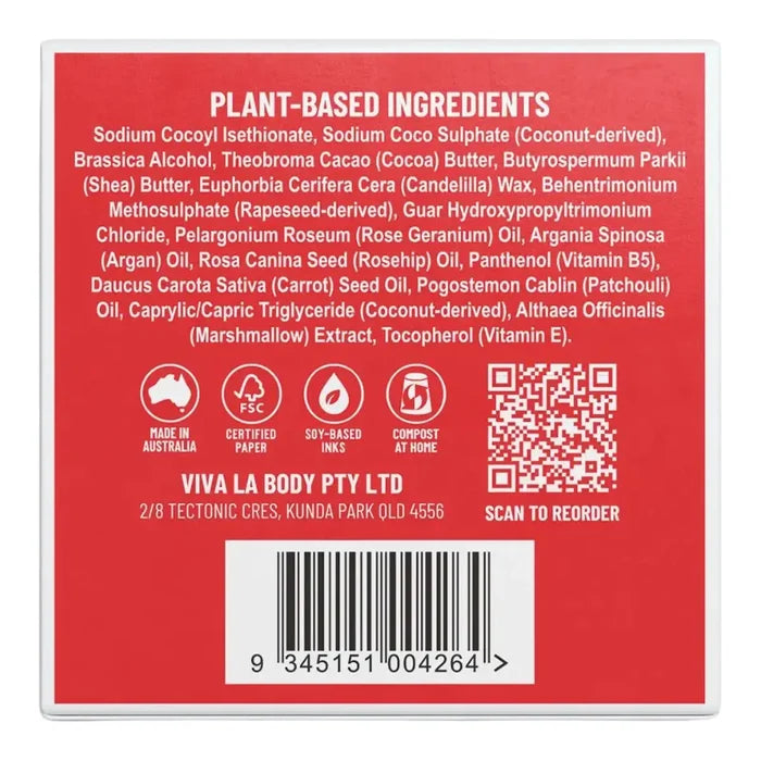 The back of a Viva La Body product box, featuring a bright red background with white text listing plant-based ingredients, certification icons, a QR code, and a barcode.