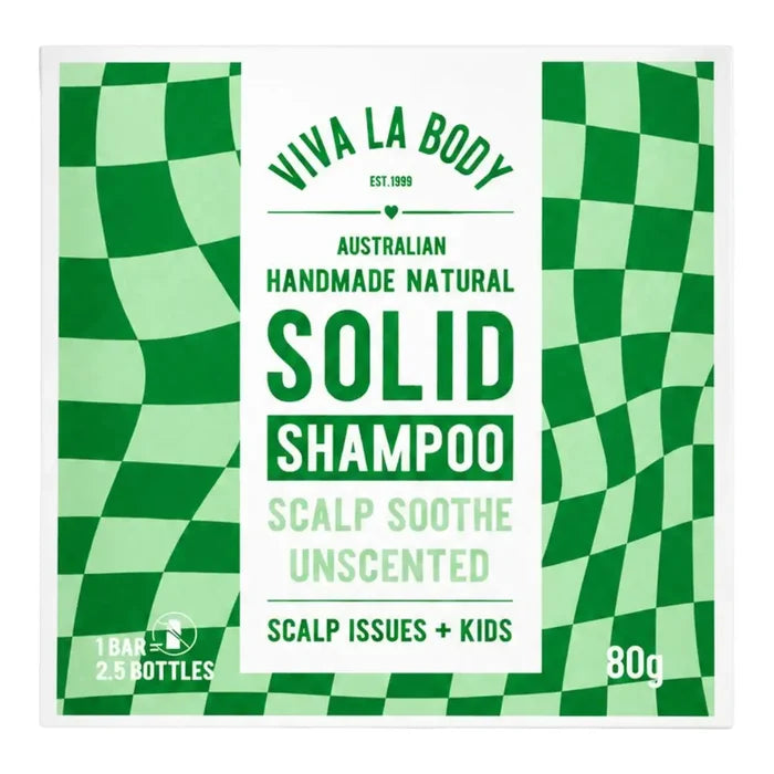 Viva La Body Australian Handmade Natural Solid Shampoo packaging, featuring a green and white checkered pattern with a central white label.
