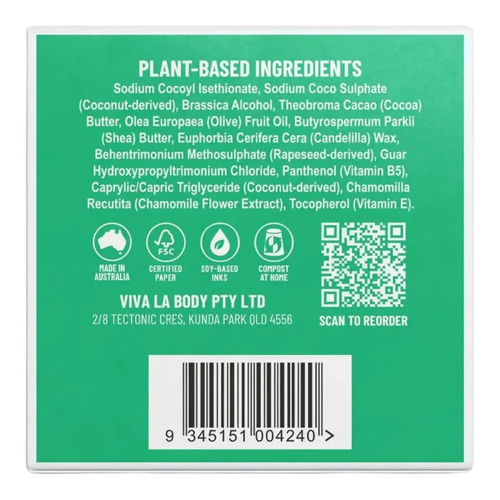 The back of a Viva La Body product box or packaging insert, featuring a bright green background with white text listing plant-based ingredients, certification icons, a QR code, and a barcode.