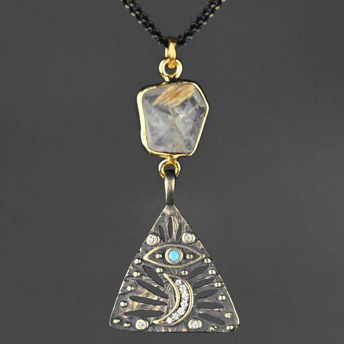 Ornate Moon and Stars w/ Stones, Rutile Black and Gold Neck: 16 + Extender