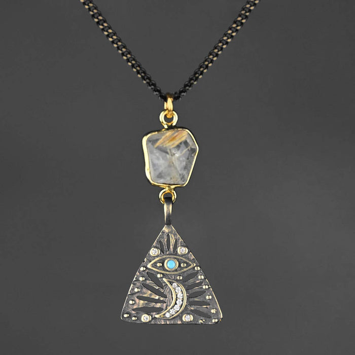 Ornate Moon and Stars w/ Stones, Rutile Black and Gold Neck: 16 + Extender