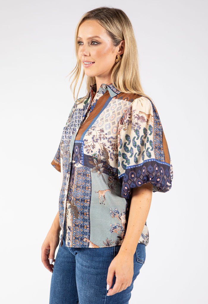 Patchwork Print Balloon Sleeve Blouse