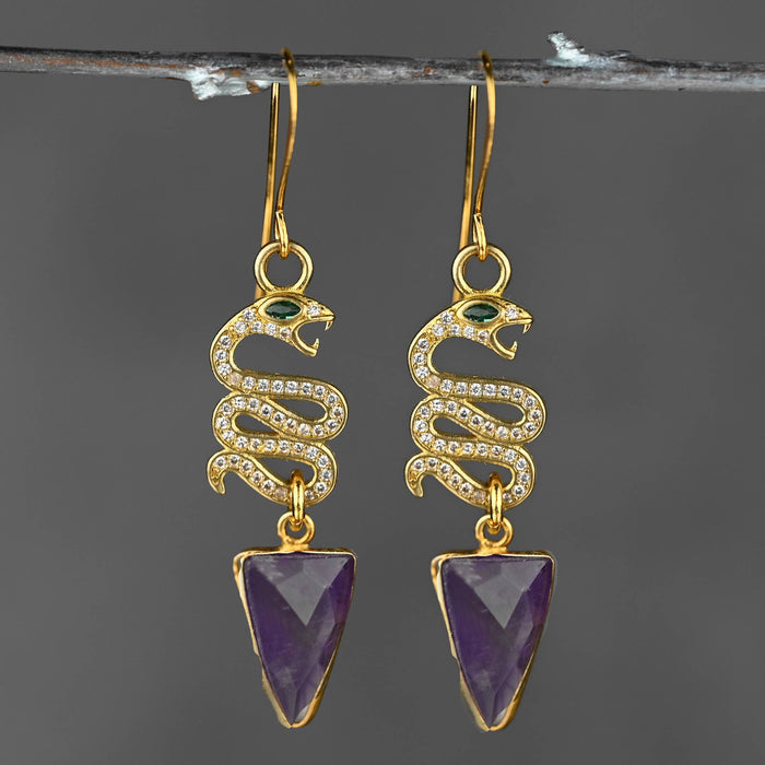 Pave Crystal Snakes w/ Semi Precious Triangle Drop Earrings: Amethyst