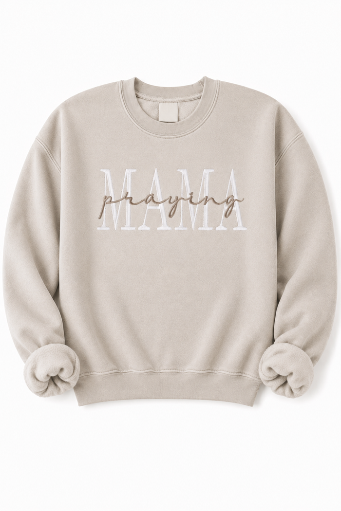 Praying Mama Embroidered Sweatshirt in Tan
