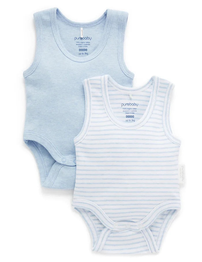 Purebaby Organic Ribbed Bodysuit 2 Pack - Pale Blue