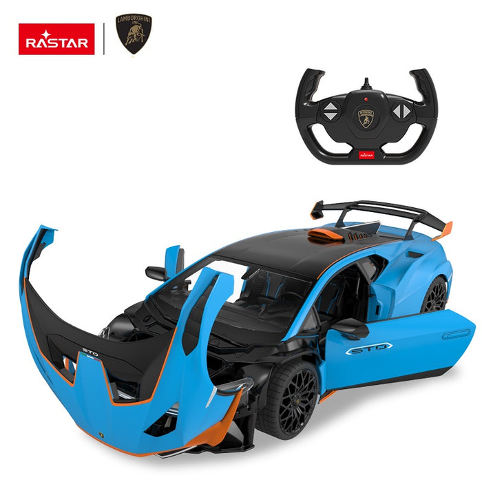 Rastar 1:14 Lamborghini Huracan STO RC car in sky blue with orange accents shown from front 3/4 angle with the iconic Cofango front hood/fender panel fully open, revealing the front end, alongside the Lamborghini steering wheel controller. This distinctive manually opening Cofango feature is the hero of this image.