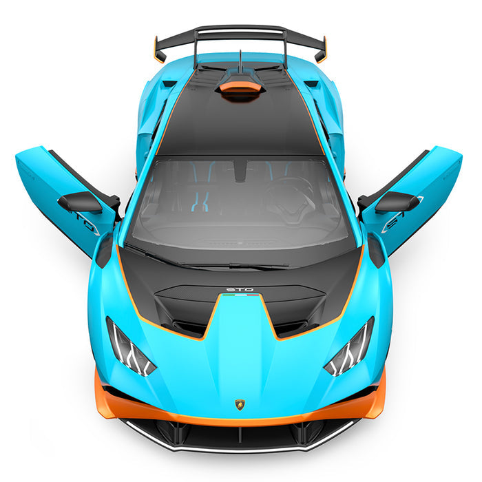 Rastar 1:14 Lamborghini Huracan STO RC car in sky blue with orange accents viewed from directly above with both doors open wide. The overhead shot shows the carbon-look hood, full roof panel, open interior cabin, wide rear wing, and Lamborghini Huracan STO graphics layout.