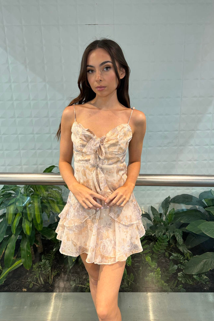 Regina Mini Dress - Beige Floral - Runway Goddess
