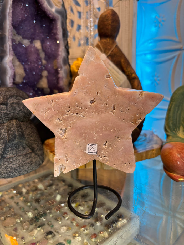 Rose Amethyst Star on Metal Stand