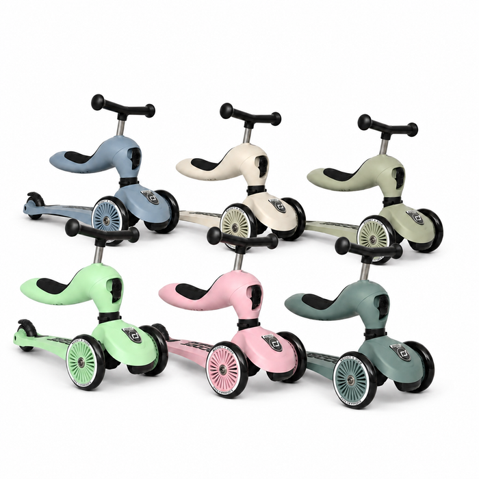 Scoot & Ride Highwaykick 1 toddler scooters in Steel, Ash, Olive, Kiwi, Rose and Forest