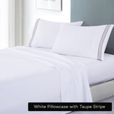 Soft Microfibre Embroidered Stripe Sheet Set - KING SINGLE - white sheet taupe stripe