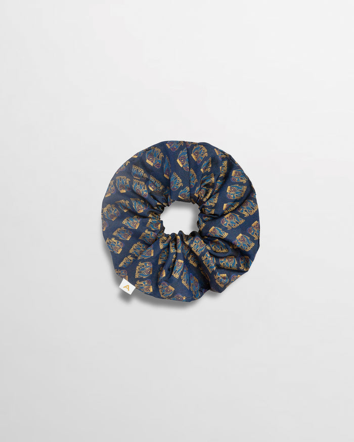 Soleil Print Silk Scrunchie - Navy Elephant