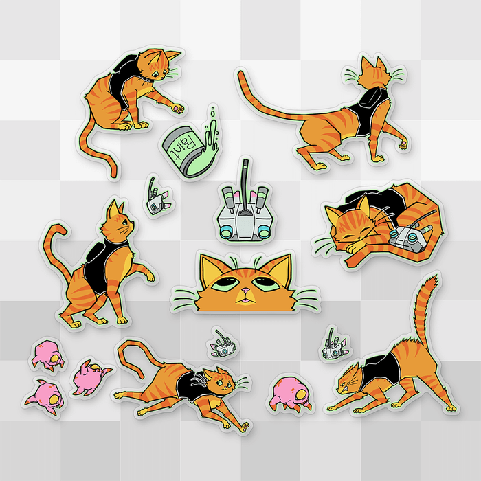 Design view of every piece in this official Stray sticker pack. Moving out from the center, there's a large closeup of the cat's face looking upward at a separate B-12 sticker; three tiny B-12 stickers; five large stickers of the cat in various poses—batting, walking, pointing, running, curled up with B-12, and with its back up—and four small Zurk stickers.