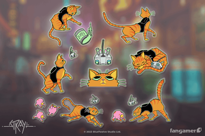 Design view of every piece in this official Stray sticker pack. Moving out from the center, there's a large closeup of the cat's face looking upward at a separate B-12 sticker; three tiny B-12 stickers; five large stickers of the cat in various poses—batting, walking, pointing, running, curled up with B-12, and with its back up—and four small Zurk stickers. They're glowing subtly against a blurred Stray background.