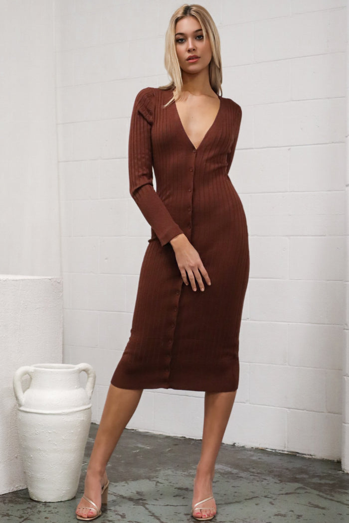 Tatiana Ribbed Dress - Brown - Runway Goddess