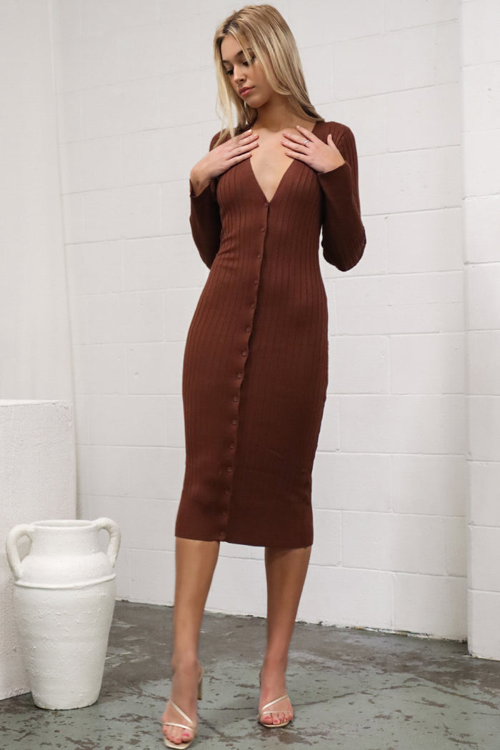 Tatiana Ribbed Dress - Brown - Runway Goddess