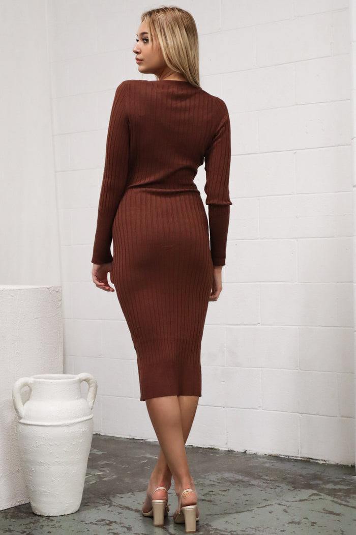 Tatiana Ribbed Dress - Brown - Runway Goddess