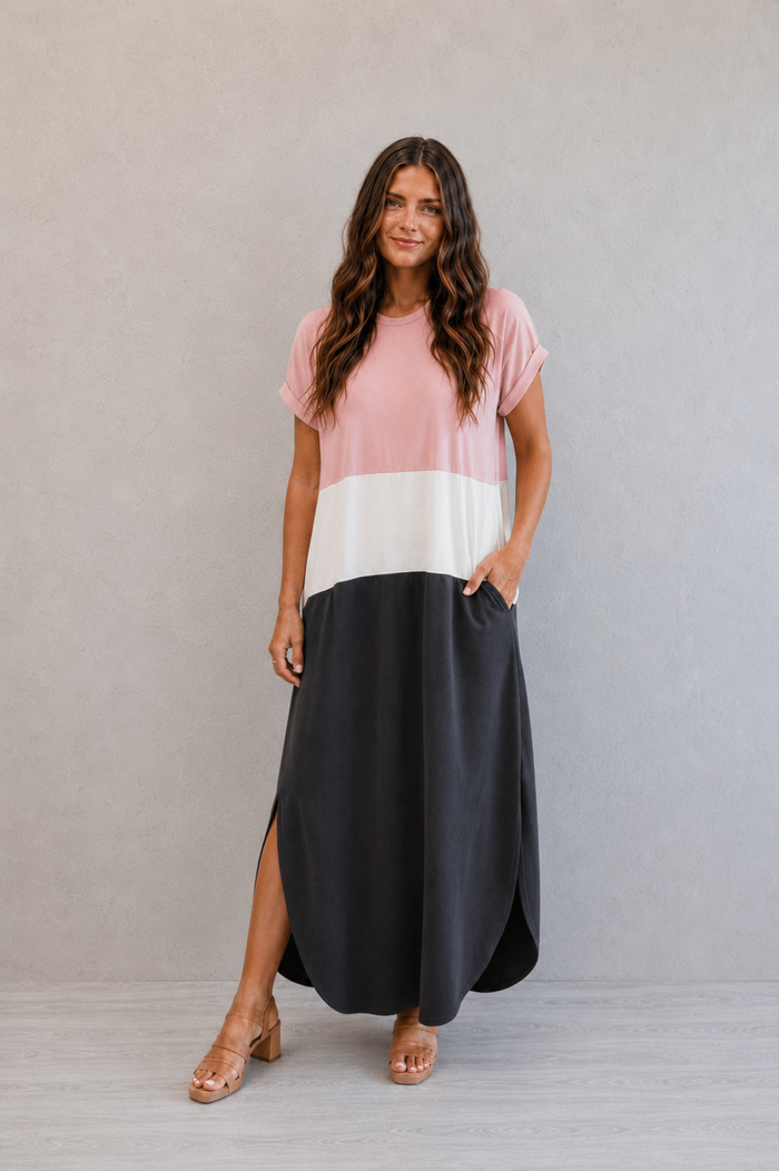 The Everly Color Block Maxi Dress in Blush (Final Sale)