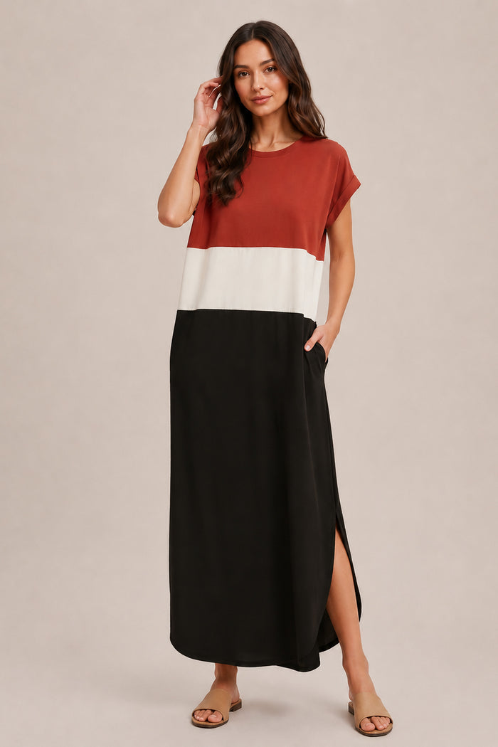 The Everly Color Block Maxi Dress in Rust (Final Sale)