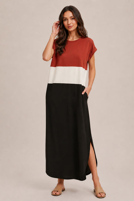 The Everly Color Block Maxi Dress in Rust (Final Sale)