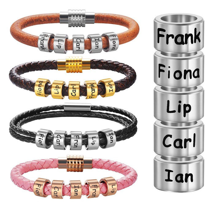 Unisex Customized Name Bracelets - Stainless Steel Beads - Genuine Leather