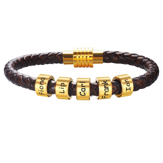 Unisex Customized Name Bracelets - Stainless Steel Beads - Genuine Leather