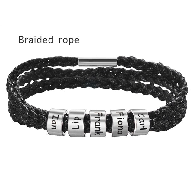 Unisex Customized Name Bracelets - Stainless Steel Beads - Genuine Leather