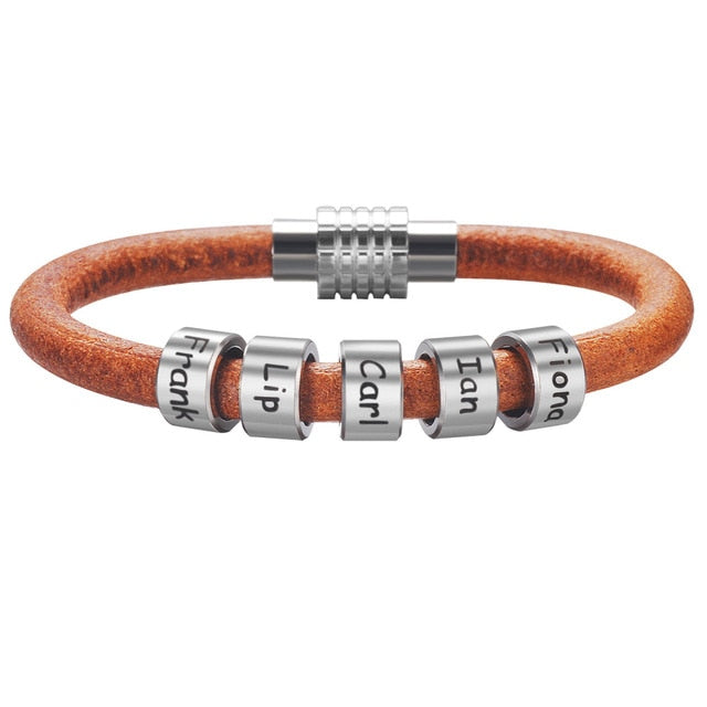 Unisex Customized Name Bracelets - Stainless Steel Beads - Genuine Leather