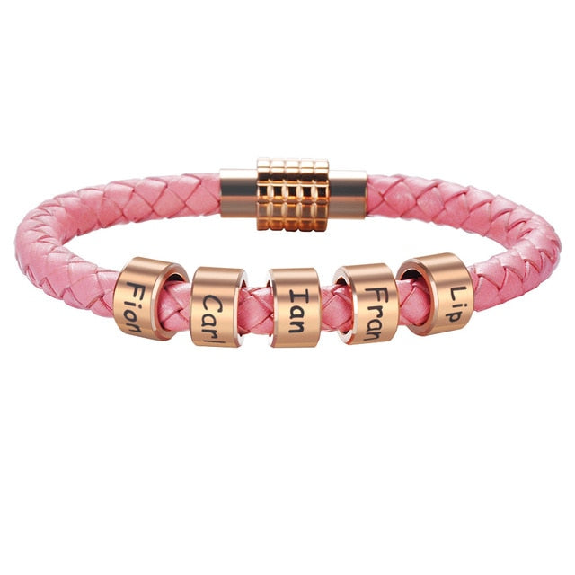Unisex Customized Name Bracelets - Stainless Steel Beads - Genuine Leather