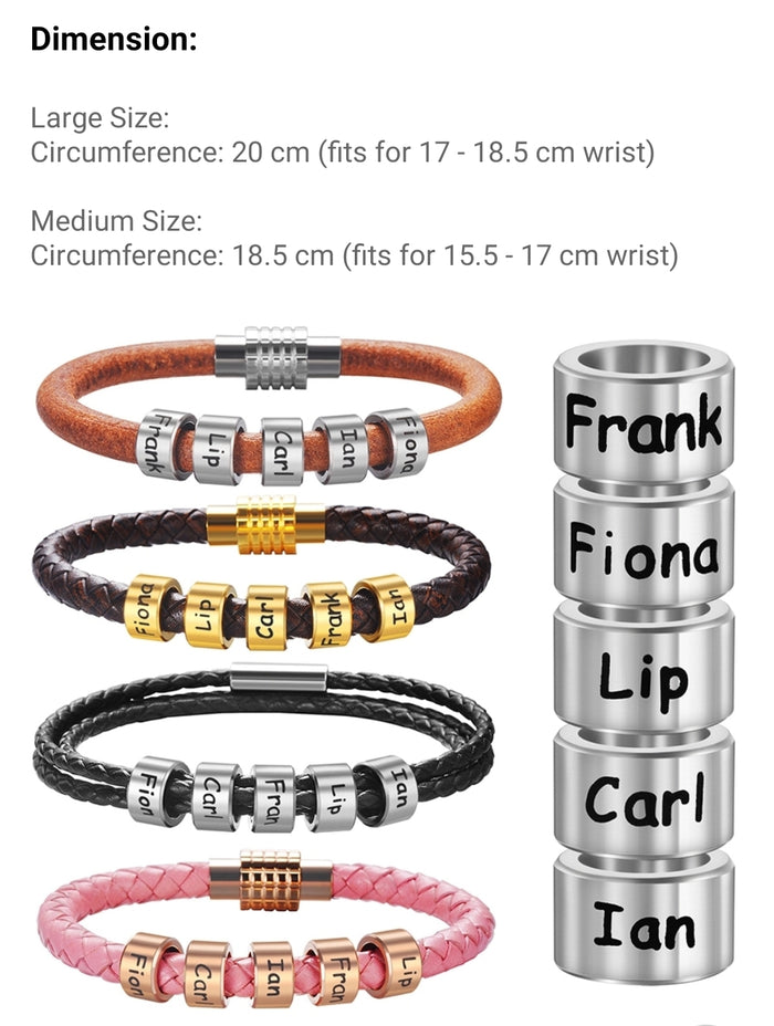 Unisex Customized Name Bracelets - Stainless Steel Beads - Genuine Leather