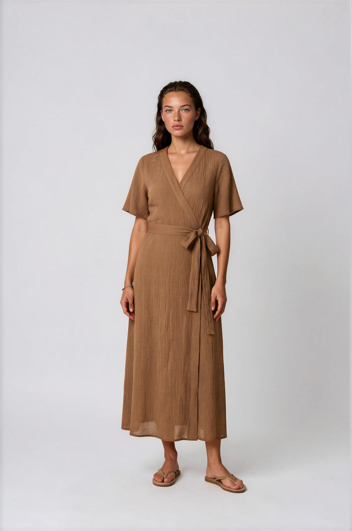 Dresses APLA Upsilon NI Crinkled Long Wrap Dress Taupe Apoella