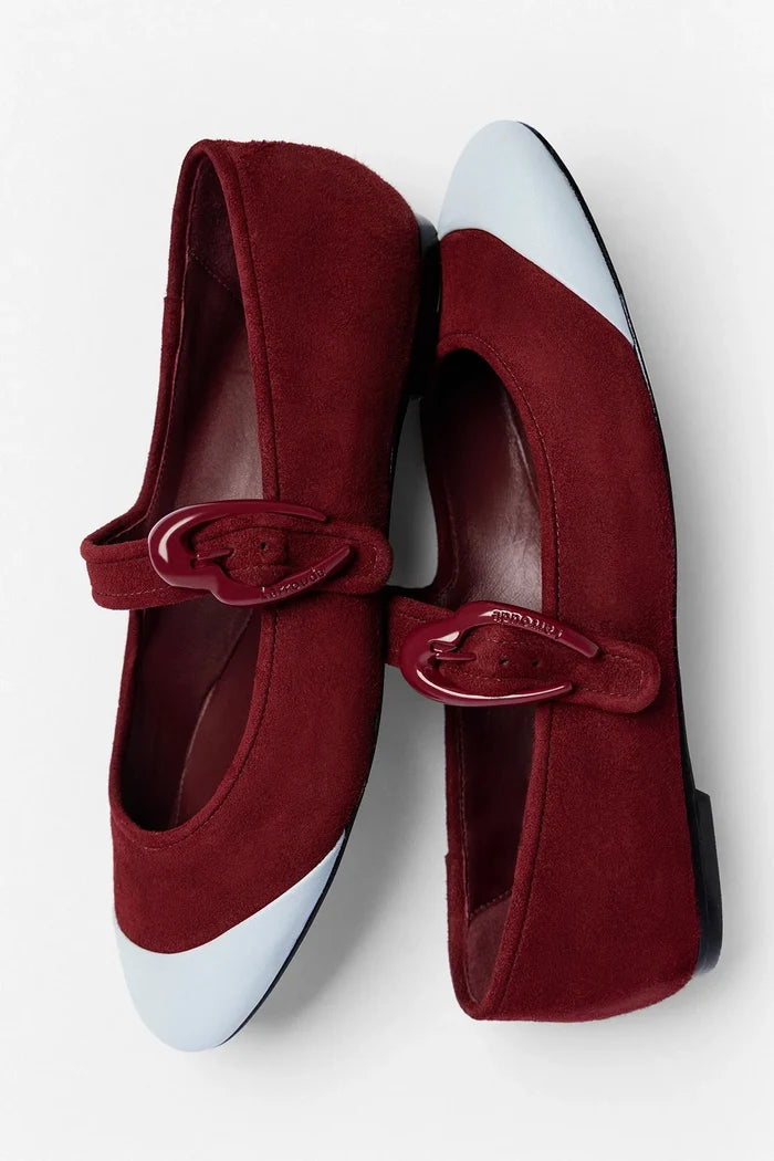 Verona Cap Ballet Flat Burgundy Suede and Maya Leather Flat Larroudé