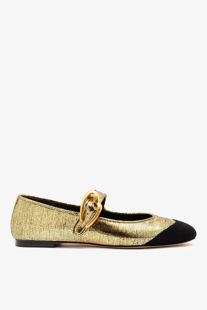 Verona Cap Ballet Flat Gold Leather and Black Suede Flat Larroudé