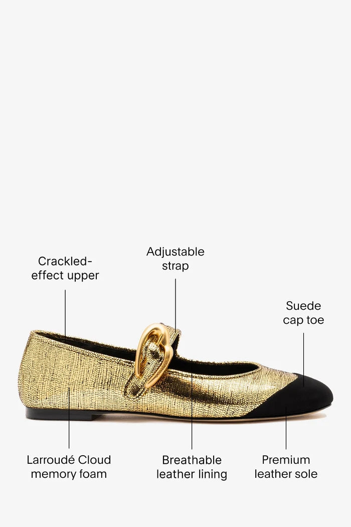 Verona Cap Ballet Flat Gold Leather and Black Suede Flat Larroudé