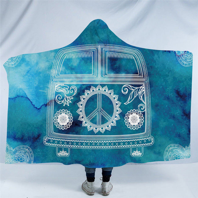 Watercoloured And Mandala Printed Mini Vans - Sherpa Fleece Hooded Blankets