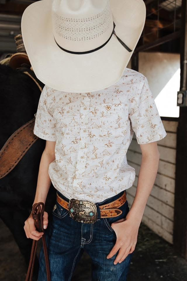 White Bronc Button Western Shirt -YOUTH XL ONLY
