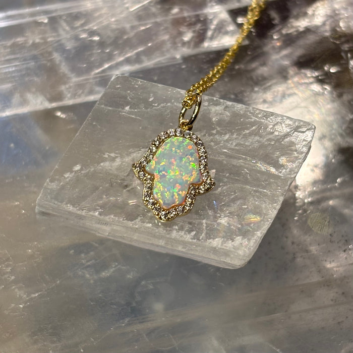 White Opal Hamsa Pendant on Gold Vermeil Chain