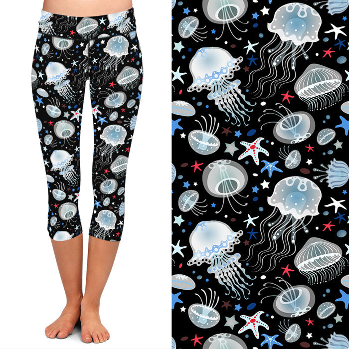 Womens 3D Sea Animals/Jellyfish Printed Capri Leggings
