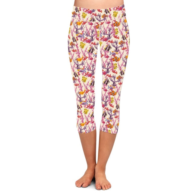 Womens 3D Sea Animals/Jellyfish Printed Capri Leggings