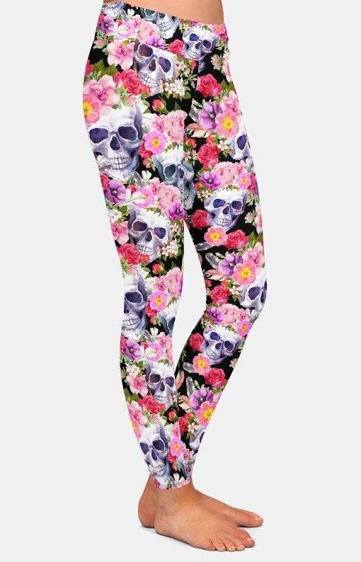 Womens 3D Skulls with Beautiful Flowers Printed Leggings