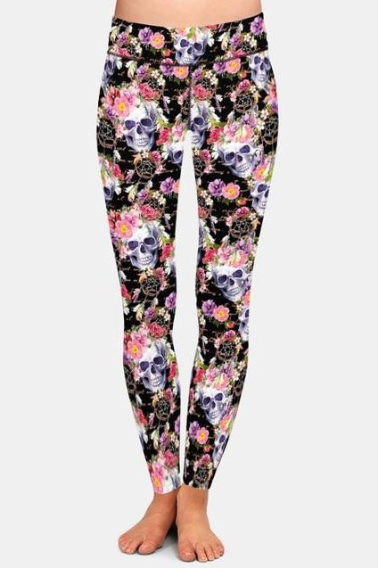 Womens 3D Skulls with Beautiful Flowers Printed Leggings