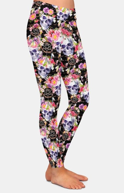 Womens 3D Skulls with Beautiful Flowers Printed Leggings