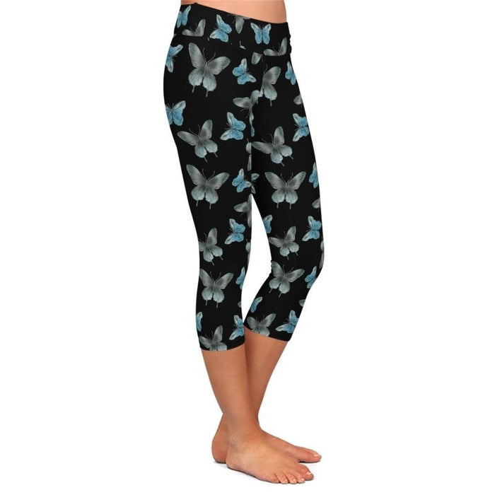 Womens Black Capri Leggings With Beautiful Blue/Grey Butterfly Print