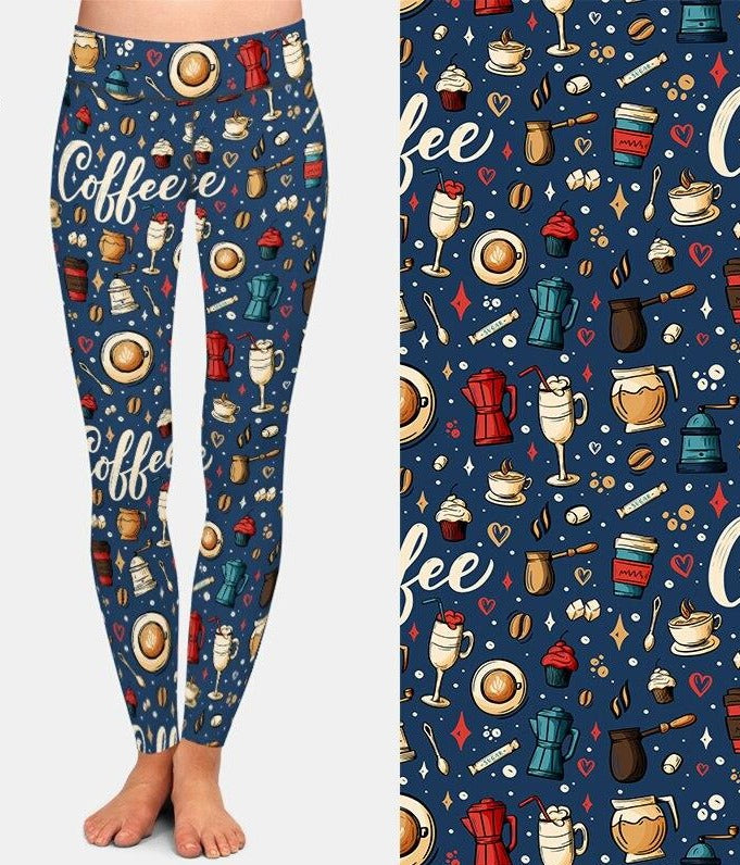 Womens Blue Coffee Printed Leggings