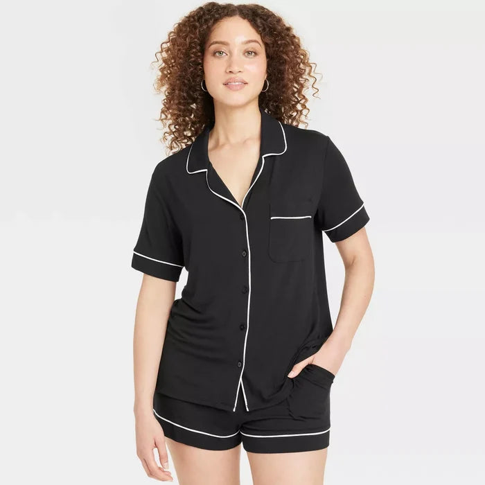 Women's Cloud Knit Short Sleeve Notch Collar Top and Shorts Pajama Set