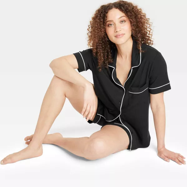 Women's Cloud Knit Short Sleeve Notch Collar Top and Shorts Pajama Set