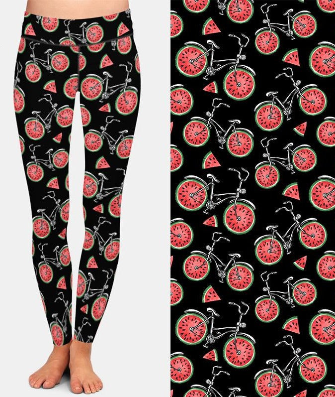 Womens Fashion Bicycles With Assorted Foods Leggings