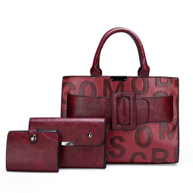 Womens Faux Leather Vintage 3 Piece Bag Set